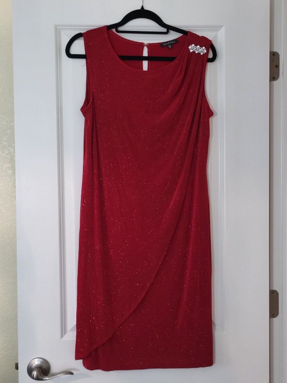 Marina Red Sparkly Stretch Cocktail Dress With Shoulder Accent Size 12